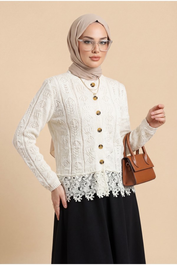 Knitted Cardigan with Lace Trim and Button Closure -Ecru