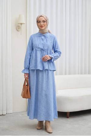 Yarım Düğmeli Kolu Lastikli Önü Bağlamalı Etekli Keten Takım -Mavi