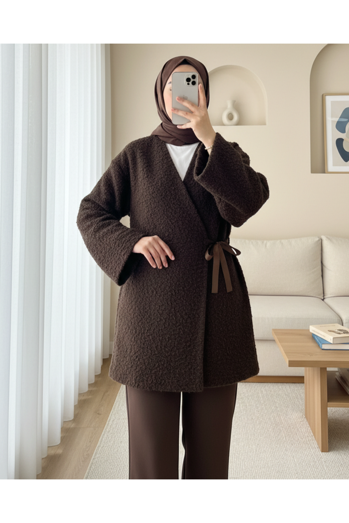 Yandan Bağlamalı Buklet Kimono   -K. Kahve