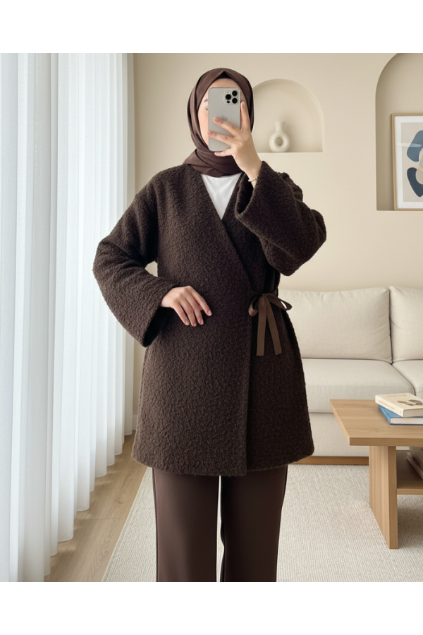 Yandan Bağlamalı Buklet Kimono   -K. Kahve