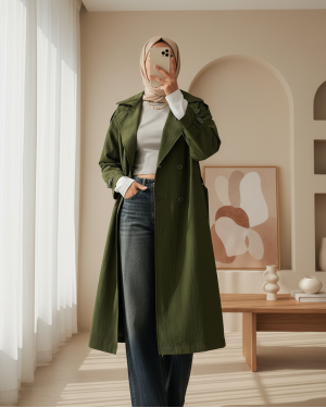 5936 Kruvaze Yaka Trençkot - Haki