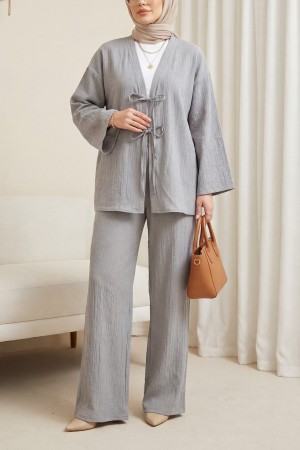 Önü Çift Bağcıklı Pantolonlu Krınkıl Takım  -Gri