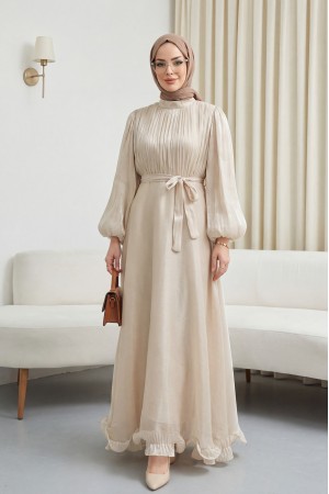 Eteği Volanlı Kemerli Janjan Şifon Elbise  -Bej