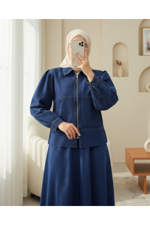 Önü Fermuarlı Çift Cepli Etekli Kot Takım -İndigo