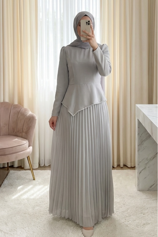 Asymmetrical Waist, Embellished Skirt, Pleated Crepe Dress -Stone