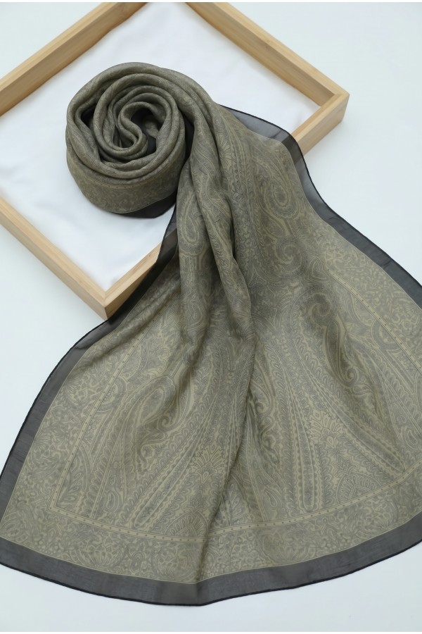 Ethnic Patterned Voile Scarf -Oil Green