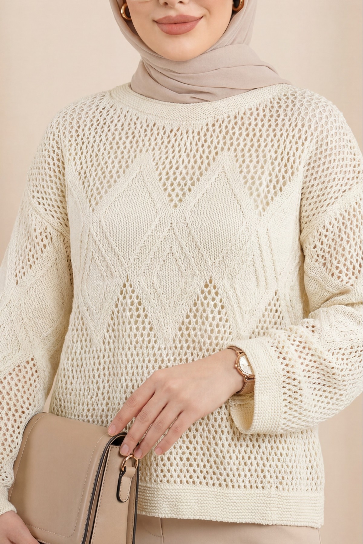 Knitted Sweater with Openwork Pattern on Front and Sleeves - Beige
