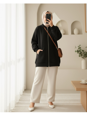 Hooded Pocket Zippered Raised Sweater -Black