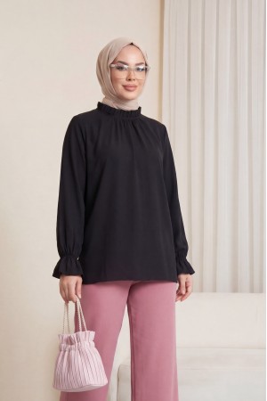 بلوزة بياقة مطوية   -أسود