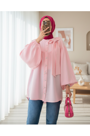 Yakası Fiyonk Detaylı Kolu Lastikli Düğmeli Keten Tunik -Pembe