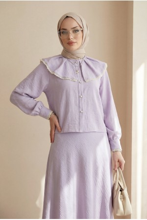 Lace Lettuce Collar Pure Linen Skirt Suit   -Lilac