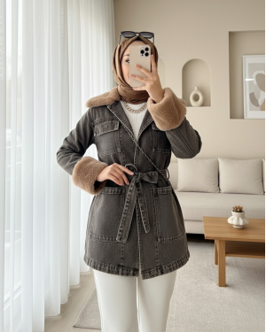 Yakası Ve Kolu Kürklü Önü Bağlamalı Cepli Kot Ceket  -Füme