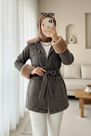 Denim Jacket with Fur Collar and Sleeves, Front Tie and Pocket  -Smoked 