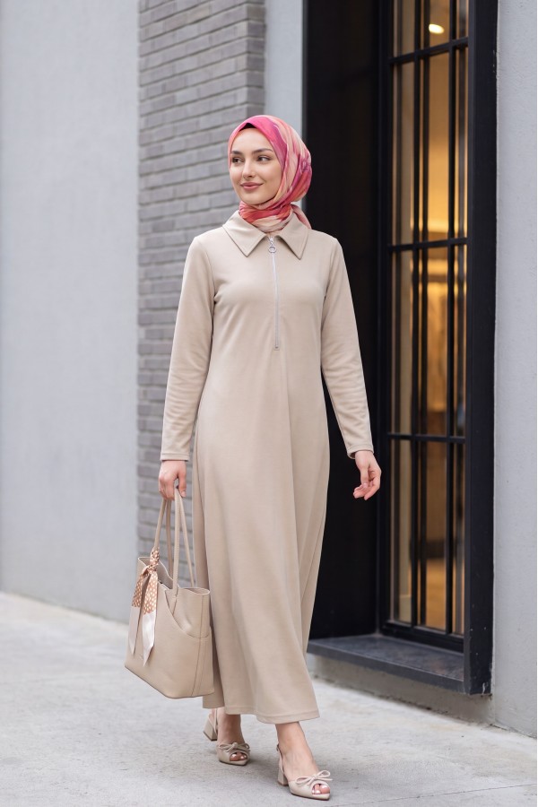 Half-Zip Shirt Collar Long Oysho Dress -Light Mink