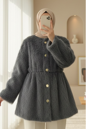 Furry Jacket with Lining and Drawstring Waist -Smoked 