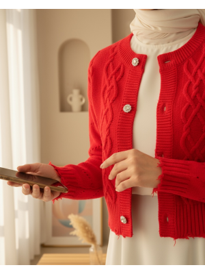 Stone Button Ripped Crop Cardigan  -Garnet Color