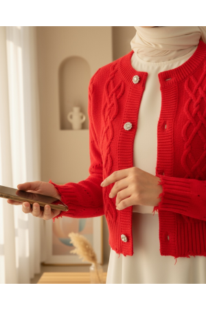 Taş Düğmeli Yırtıklı Krop Hırka  -Nar Çiçeği