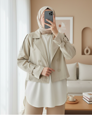 Kadın Kemerli Kısa Trençkot 5970 - Taş