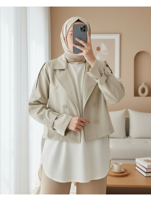 Kadın Kemerli Kısa Trençkot 5970 - Taş