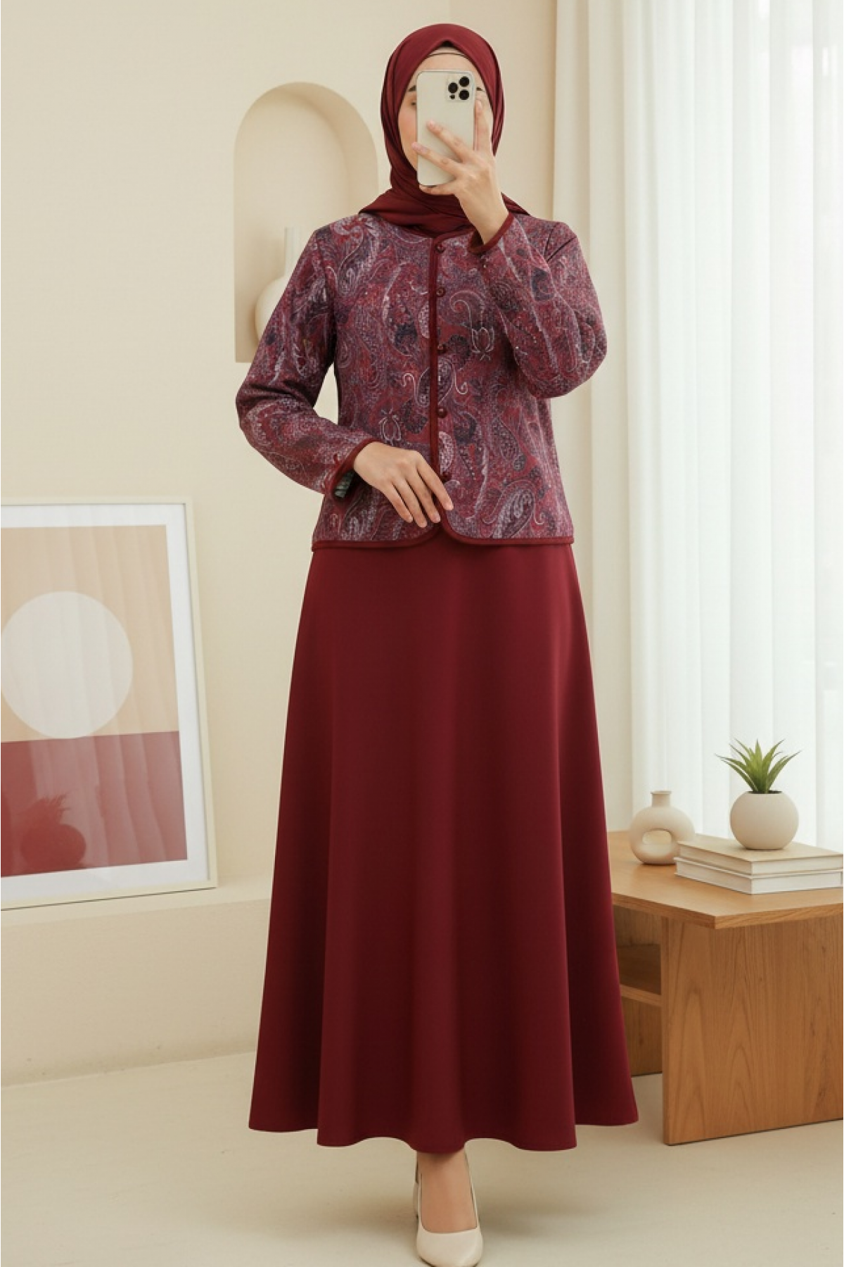 Etnik Desenli Top Düğmeli Scuba Takım  -Bordo