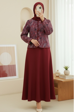 Etnik Desenli Top Düğmeli Scuba Takım  -Bordo