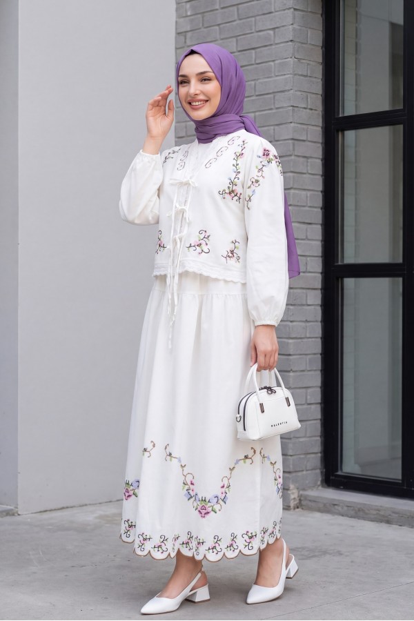 Kanaviçe İşlemeli Fistolu Kolu Lastikli Bağcıklı Etekli Keten Kimono Takım -Beyaz