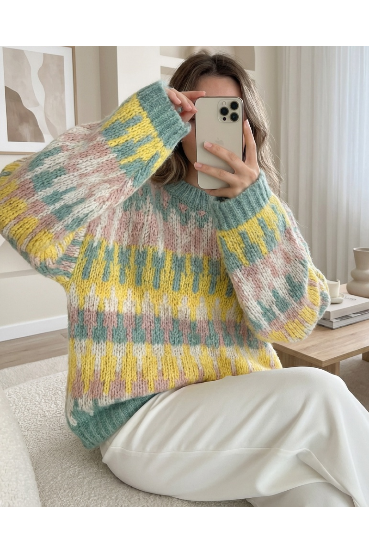 Three-Color Patterned Thick Knit Sweater -Mint Color