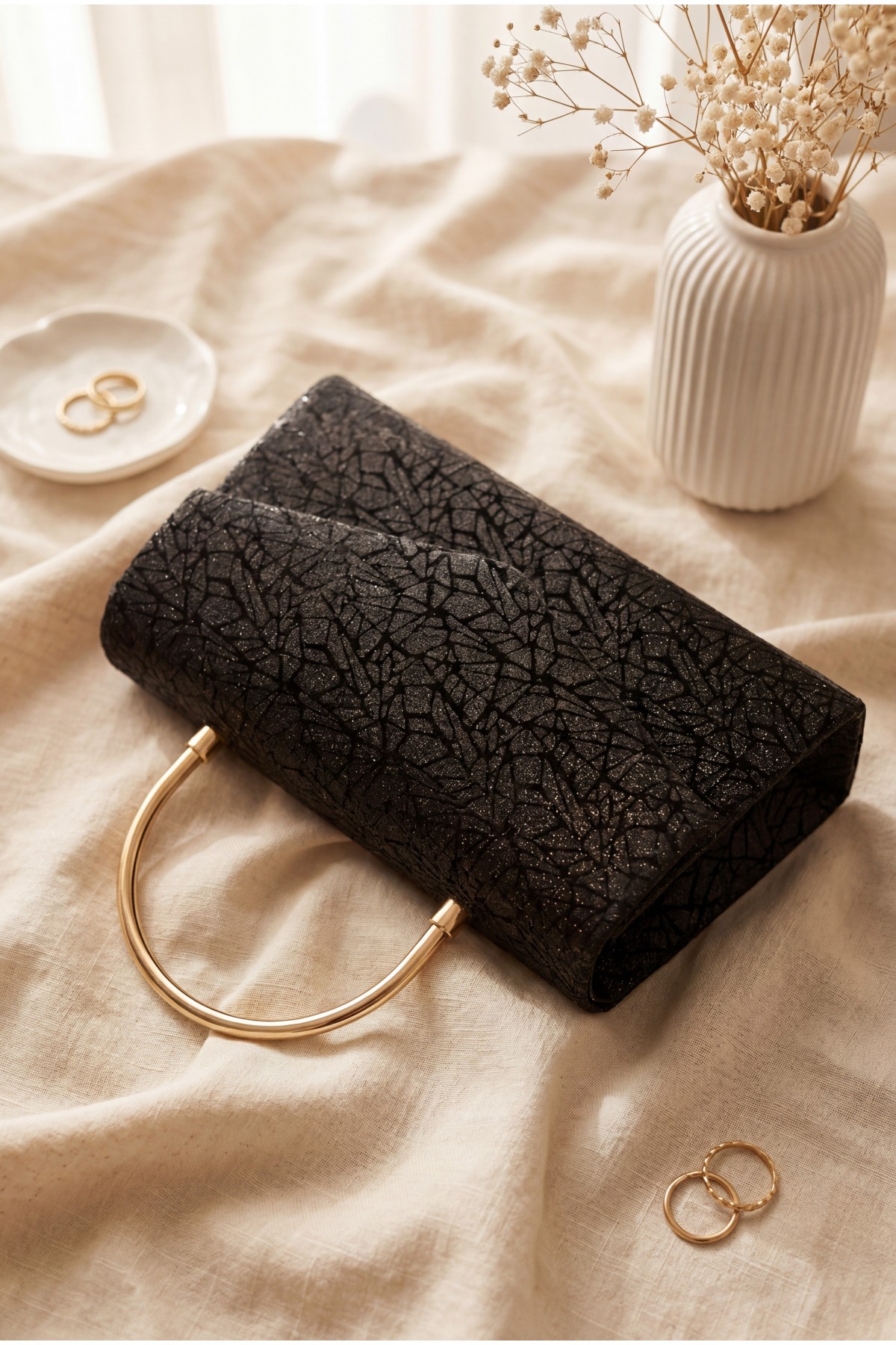 Metal Handle Chain Envelope Flap Patterned Glittery Evening Bag -Black