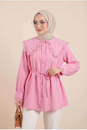Bebe Yaka Fistolu Beli Bağcıklı Modal Tunik -Pembe
