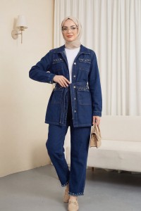 Taş Detaylı Ceket Pantolon Kot Takım  -Laci