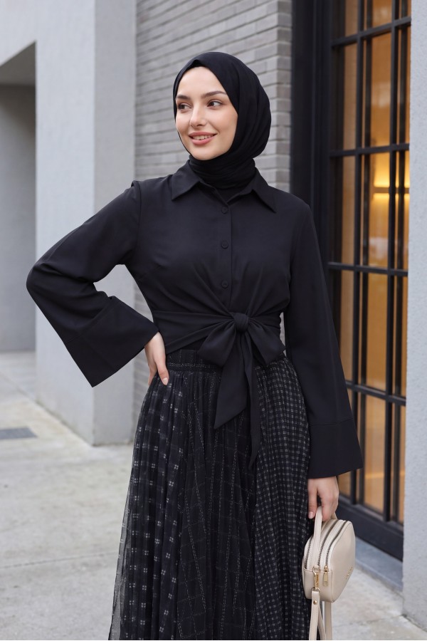 Side Tie Spanish Cufflink Shirt -Black