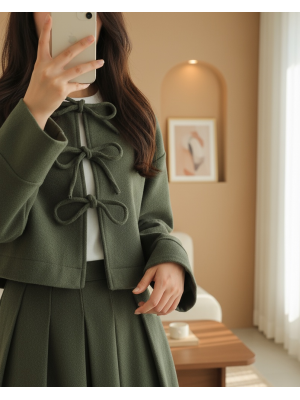 Önü Bağcıklı Etekli Kaşe Takım -Haki