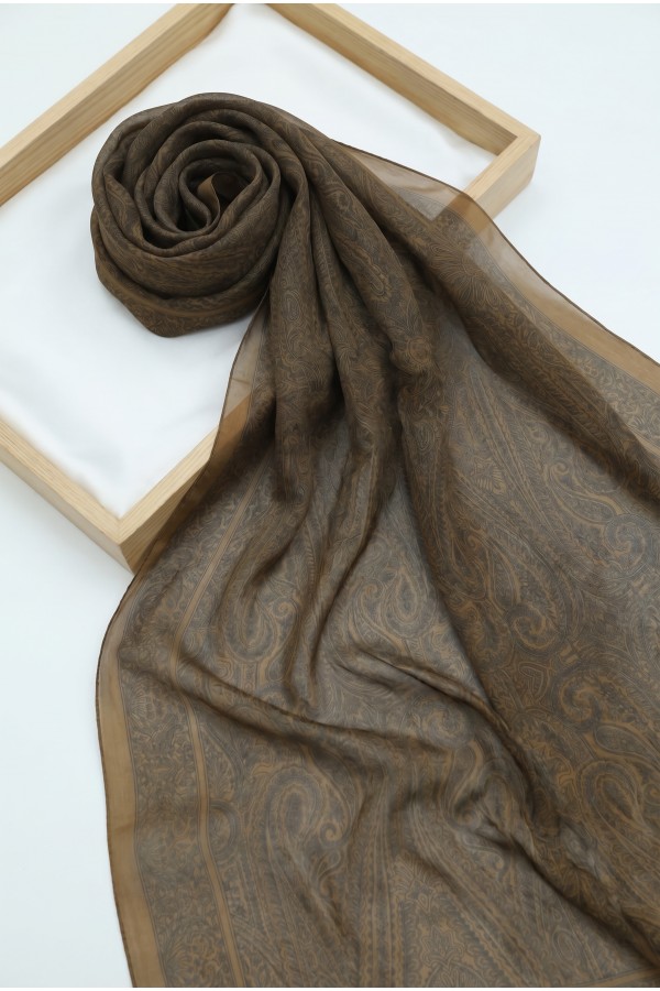 Ethnic Patterned Voile Scarf -Light coffee