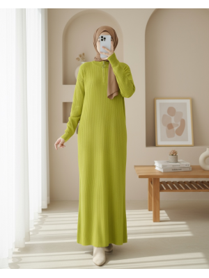 Ribbed Long Knit Dress with Zipper Collar -PISTACHIO GREEN