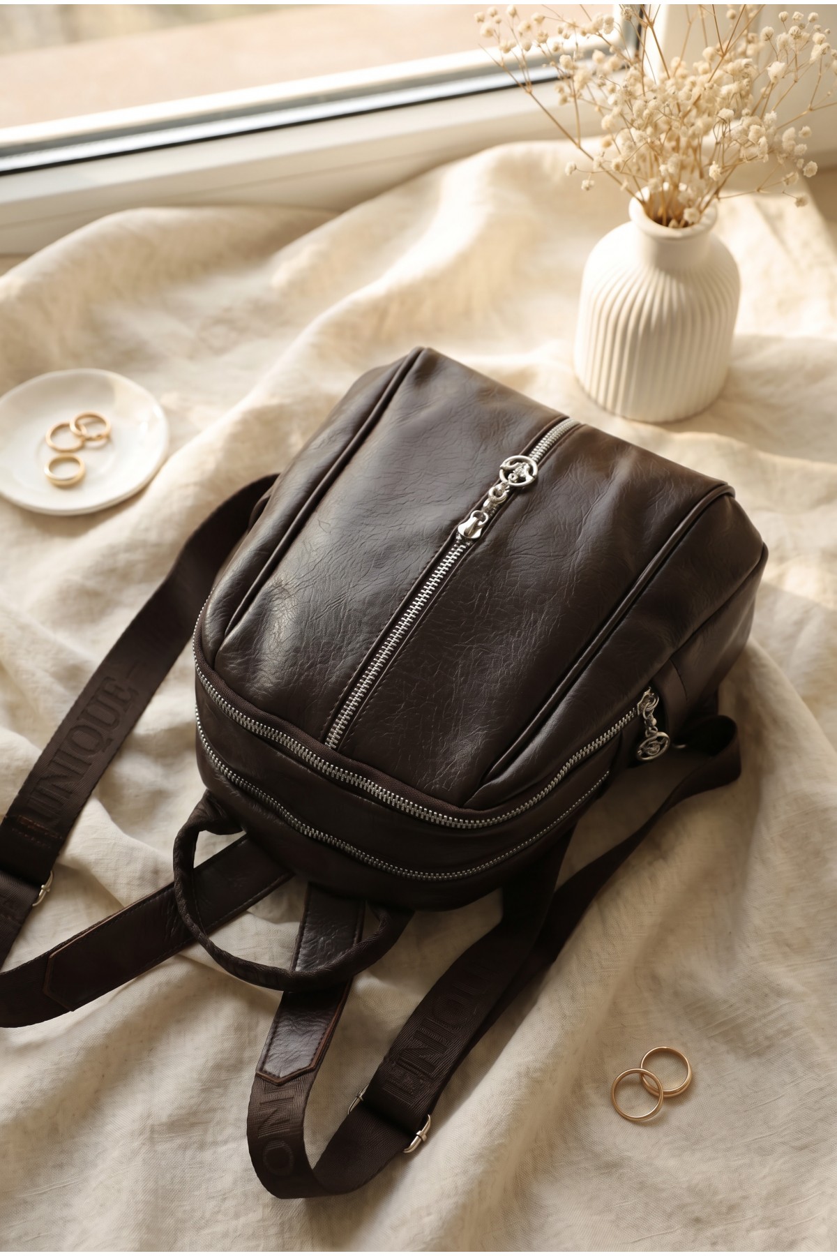 Soft Textured Double Compartment Women's Backpack -Dark Coffee