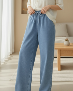 Wide Leg Waist Elastic Lacing Detail Jeans       -Blue