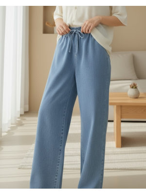 Bol Paça Beli Lastikli Bağcık Detaylı Kot Pantolon       -Mavi
