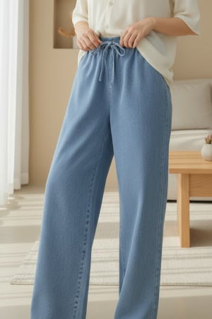 Bol Paça Beli Lastikli Bağcık Detaylı Kot Pantolon       -Mavi