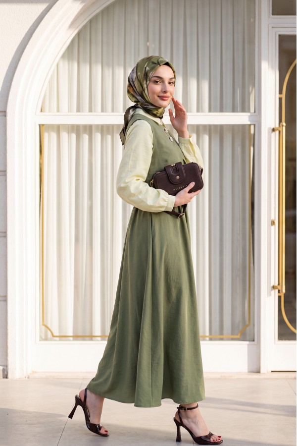 Snap-Button Mini Vest, Elastic Waist, Half-Button Long Modal Dress -Cagla Green