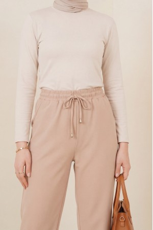 Beli Bağcıklı Dar Paça Pantolon -Bej