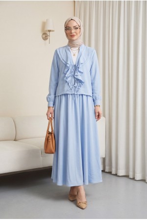Önü Biritli Bağlamalı Volan Detaylı Etekli Modal Takım  -Açık Mavi
