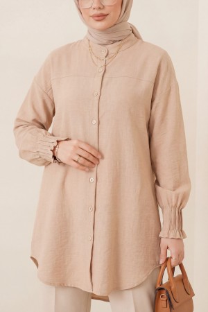 Kol Manşeti Drapeli Oval Kesim Gömlek -Açık Vizon