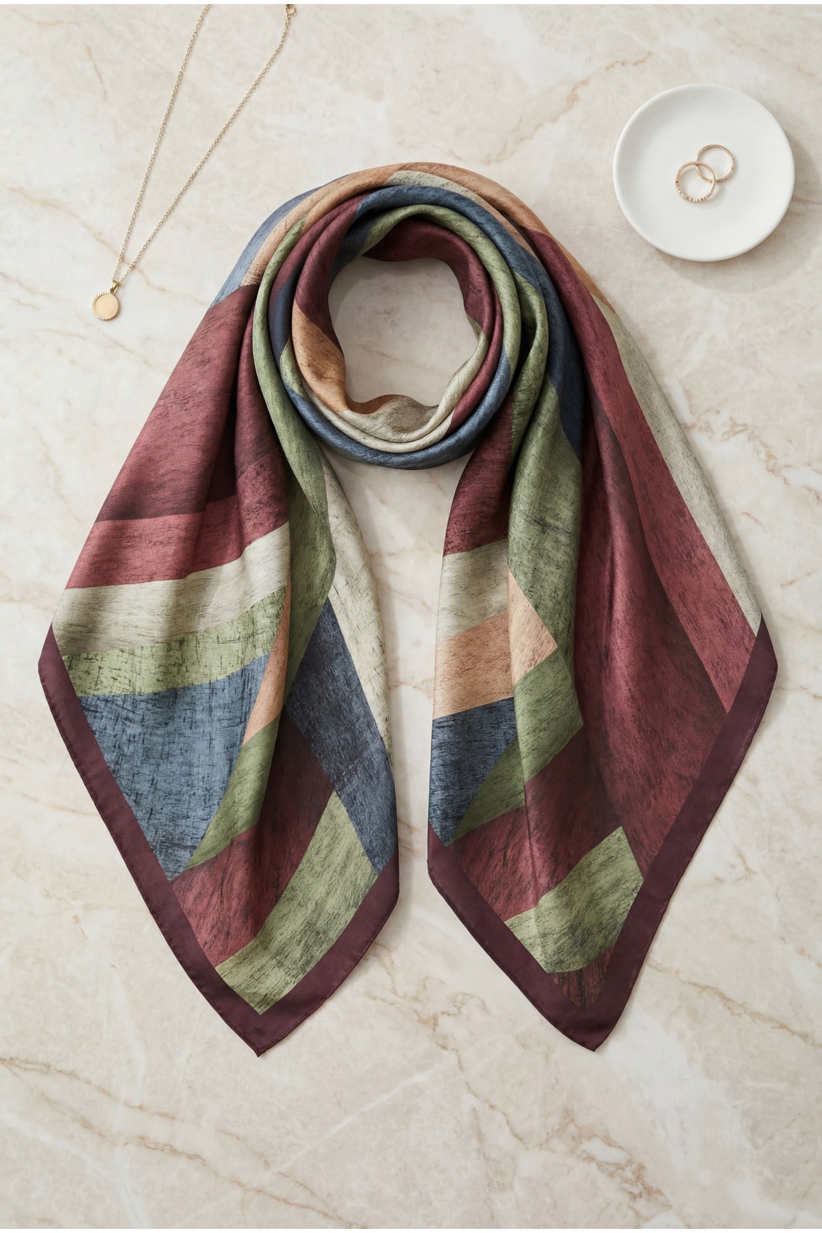 Asymmetrical Patterned Rayon Scarf -Damson