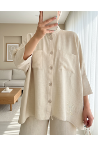 Çift Cepli Yarım Yarasa Kol Salaş Gömlek Takım -Bej