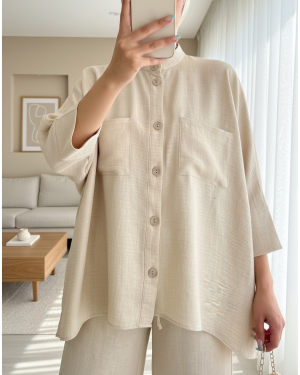 Double Pocket Half Bat Sleeve Loose Shirt Set - Beige