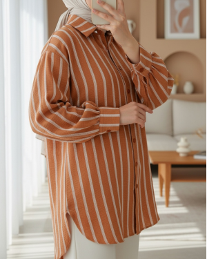 Button Down Long Back Striped Shirt -Snuff