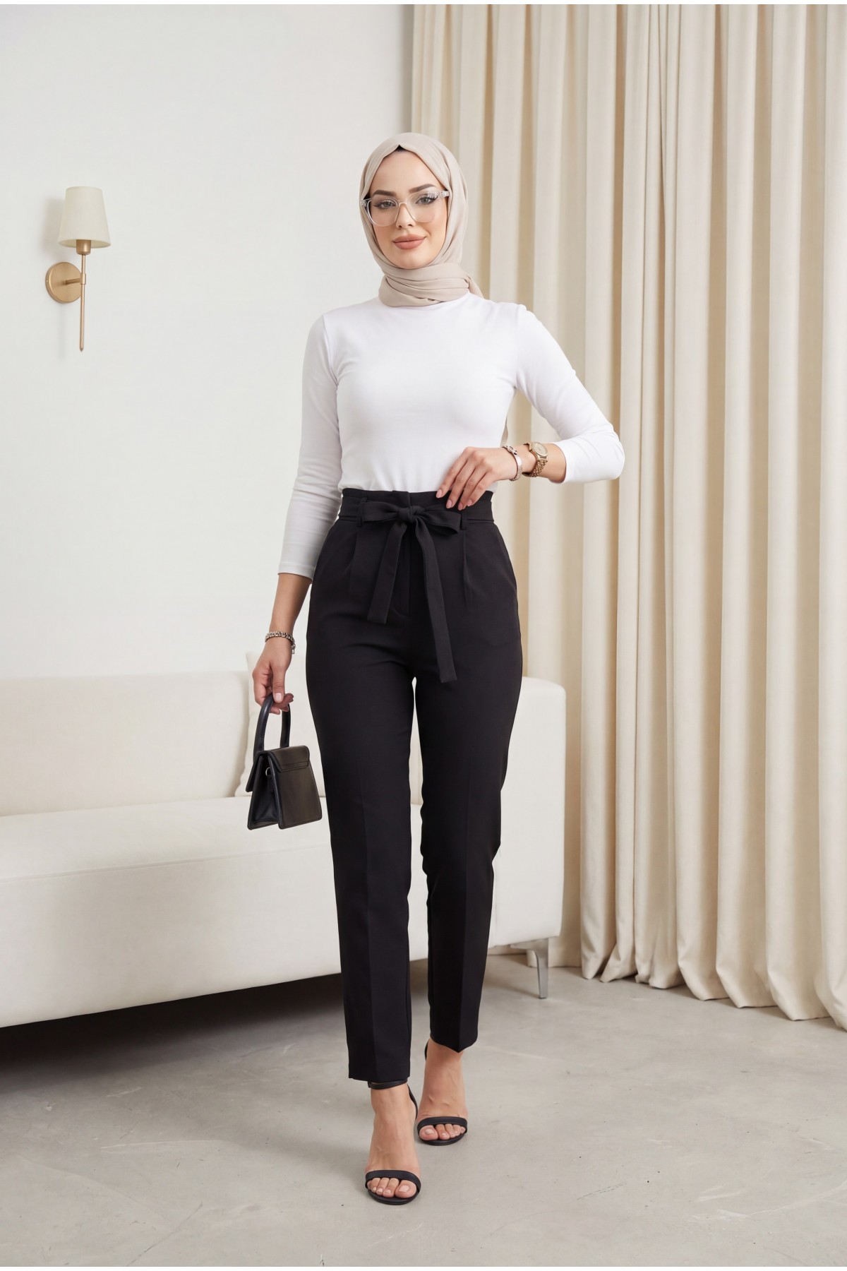 Kemerli Bilek Pantolon -Siyah