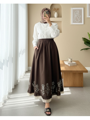 Dantel İşlemeli Beli Lastikli Etek  -Kahve