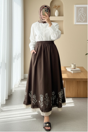 Lace Embroidered Elastic Waist Skirt  -Brown