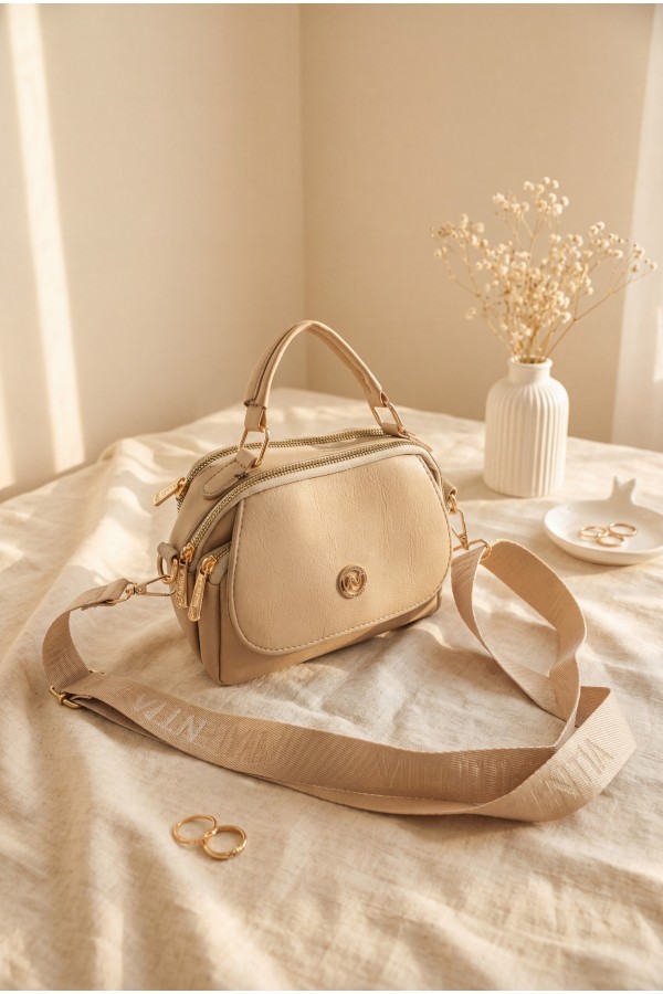 Wide Woven Strap Multi-Compartment Crossbody Women's Bag -Mink color